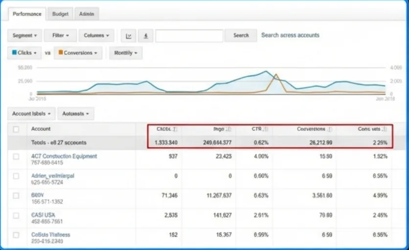 Google Ads performance dashboard across 27 managed accounts